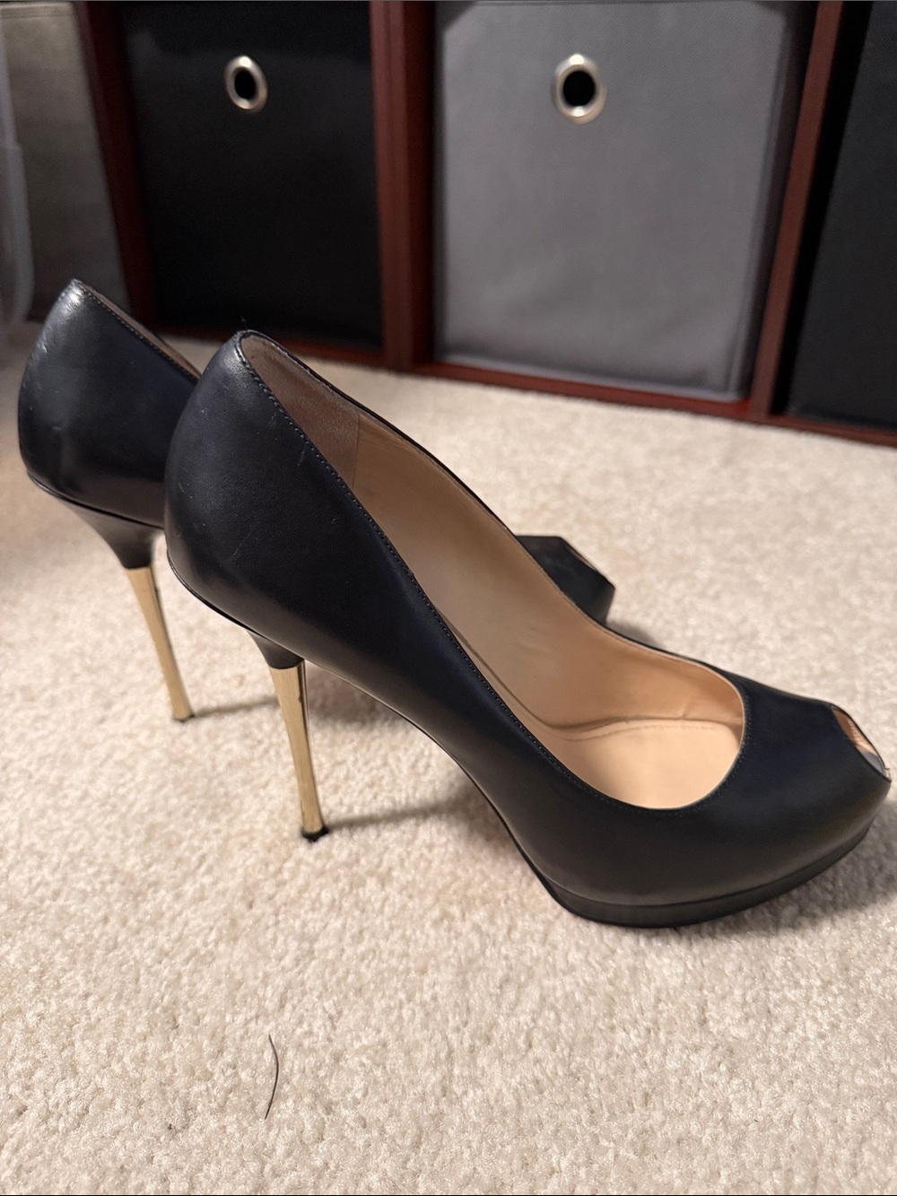 Stilla Lina Black Leather Platform Peep-Toe Heels with Metallic Stiletto